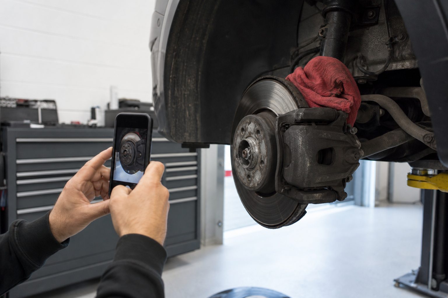 Technician hands framing a phone photo of a worn brake pad and rotor with the wheel off in a bright service bay