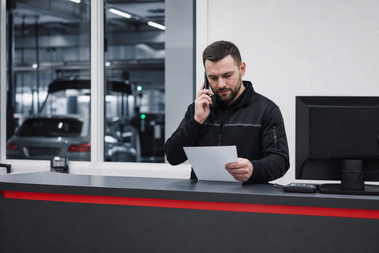 Service advisor at a gunmetal counter holding a phone and a printed repair order with the lit service bay behind