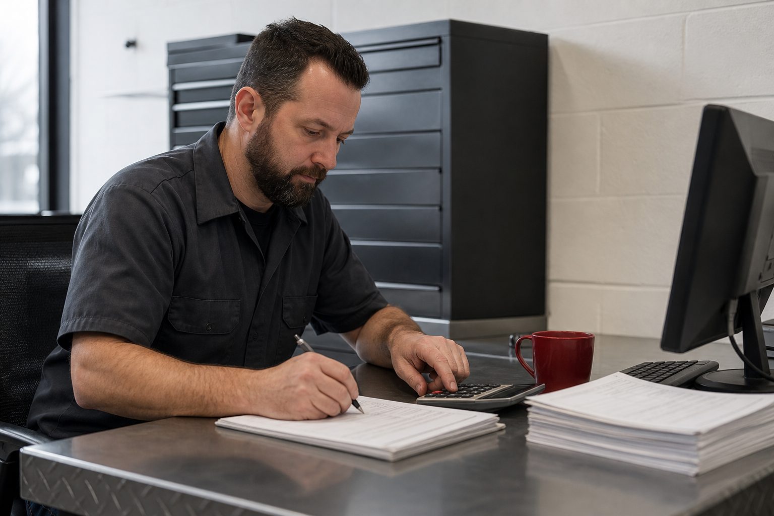 Shop owner at a small back office desk with a calculator, paper work orders and a red mug beside a gunmetal cabinet