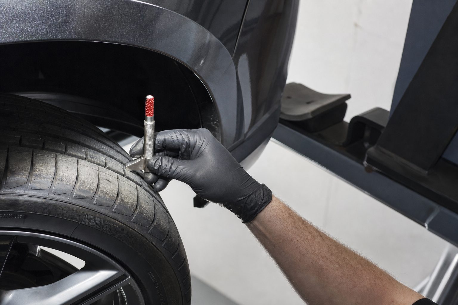 Gloved technician pressing a tread depth gauge into a tire groove on a raised wheel in a bright service bay