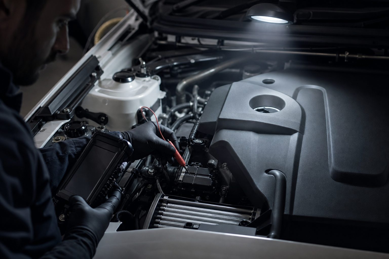 Technician with a handheld scan tool back probing an engine bay connector under a cool overhead work light