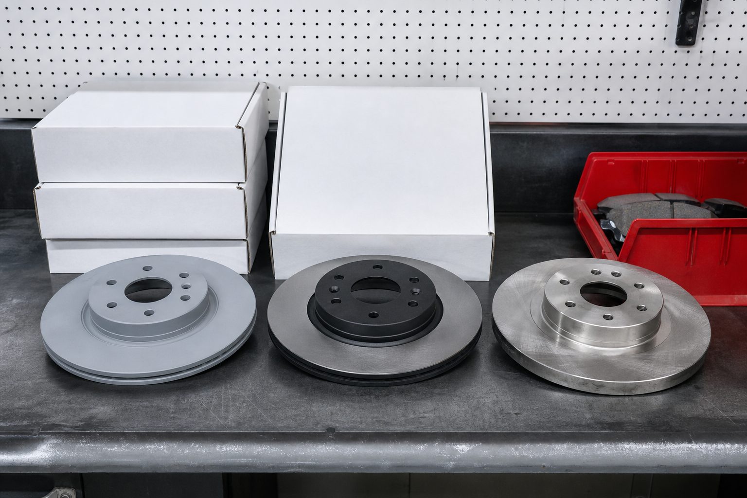 Three unmarked brake rotors with different finishes on a gunmetal workbench beside a red parts bin and plain boxes