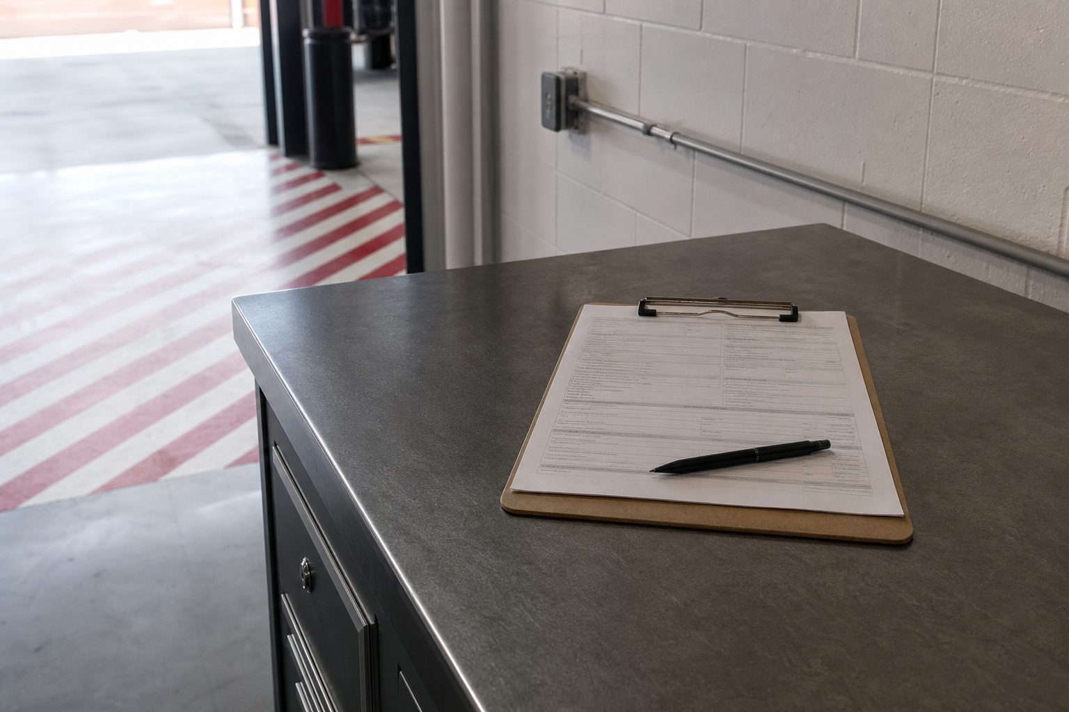 Clipboard with a printed repair order and a pen on a gunmetal counter, red and white floor striping in the background
