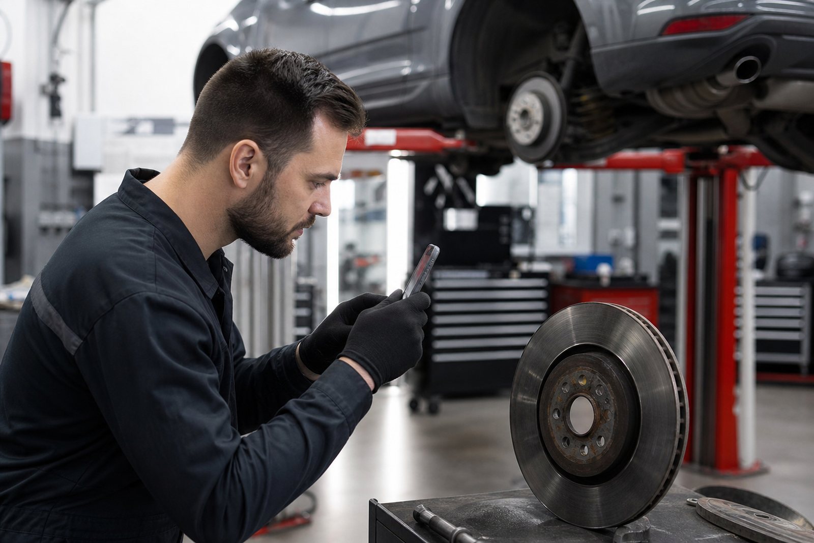 Auto technician photographing a brake rotor with a phone while a car sits on the lift in a bright service bay